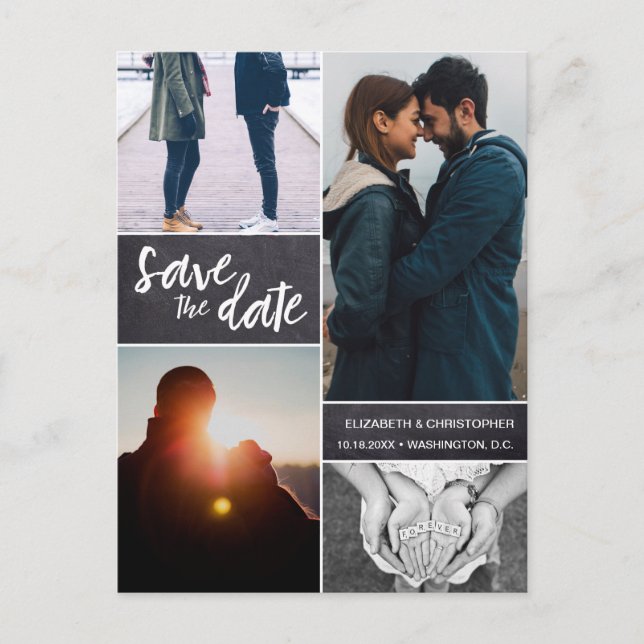Personalized Chalkboard Save the date 4 Photos Announcement Postcard (Front)