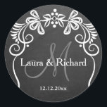 Personalized Chalkboard Wedding Monogram Classic Round Sticker<br><div class="desc">Checkout these  stylish and elegant monogram sticker seals for your wedding favors . A white floral swirl pattern frames your monogram initial letter  on a black chalkboard background.Personalize with the bride and groom names and wedding date to make the monogrammed stickers unique and exclusive.</div>
