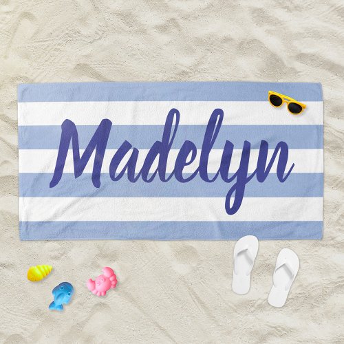 Personalized Chambray Blue Striped Script Name Beach Towel