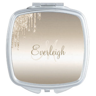 Personalized Champagne Dripping Glitter Compact Mi Mirror