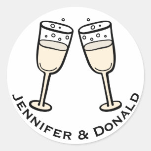Personalized Champagne Glass Black & White Wedding Classic Round Sticker