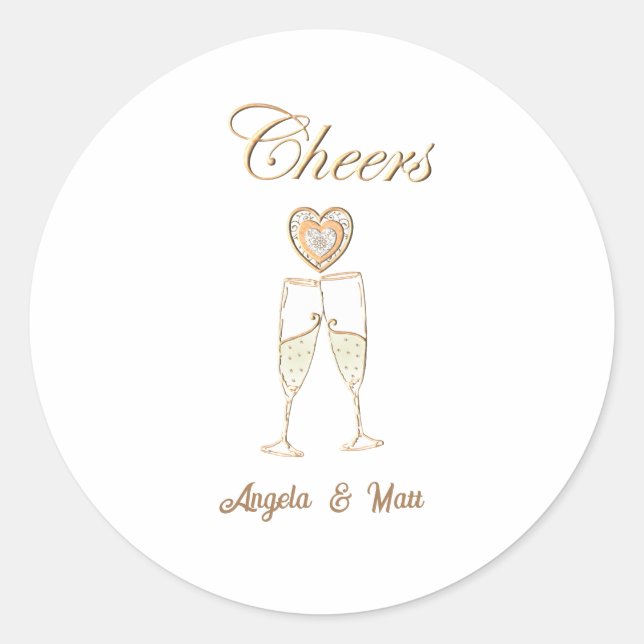 Personalized Champagne Glasses and Hearts Classic Round Sticker (Front)