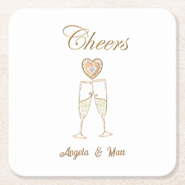Personalized Champagne Glasses and Hearts Square Paper Coaster (Front)