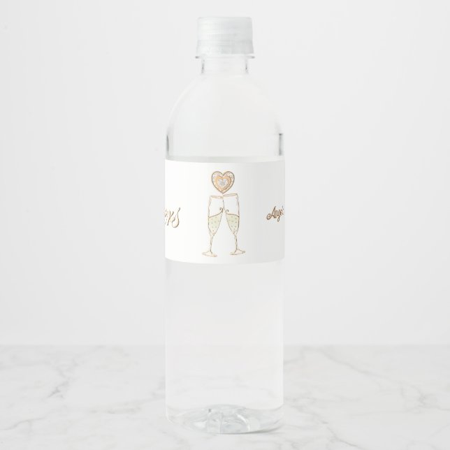 Personalized Champagne Glasses and Hearts Water Bottle Label (Front)