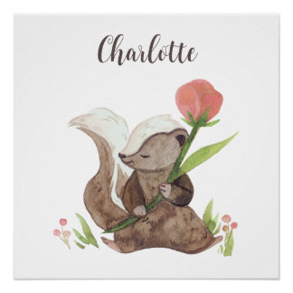Personalized "Charlotte" Watercolor Skunk & Flower Poster