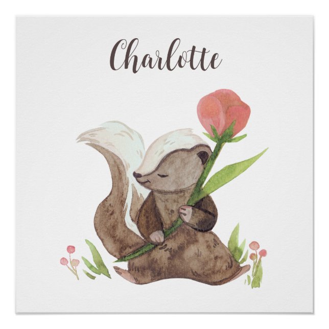 Personalized "Charlotte" Watercolor Skunk & Flower Poster (Front)