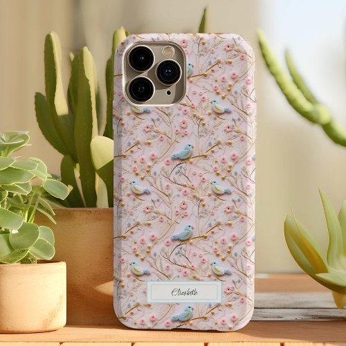 Personalized Charming Birds and Flowers Cute Pink iPhone 15 Plus Case