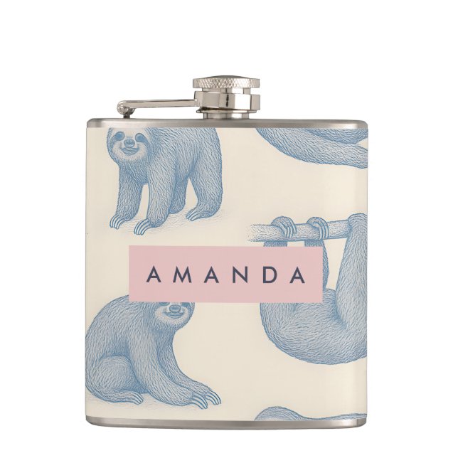 Personalized Charming Elegant Blue Sloth Pattern Flask (Front)