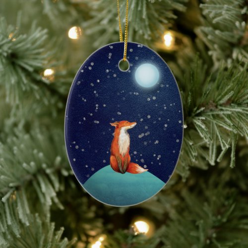 Personalized Charming Fox and Full Moon Christmas Ceramic Ornament