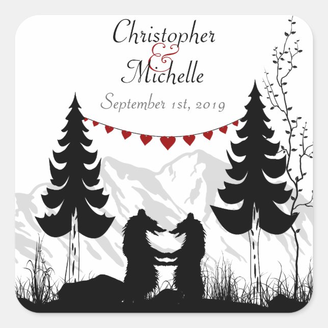 Personalized Charming Mountain Bears Wedding Square Sticker (Front)