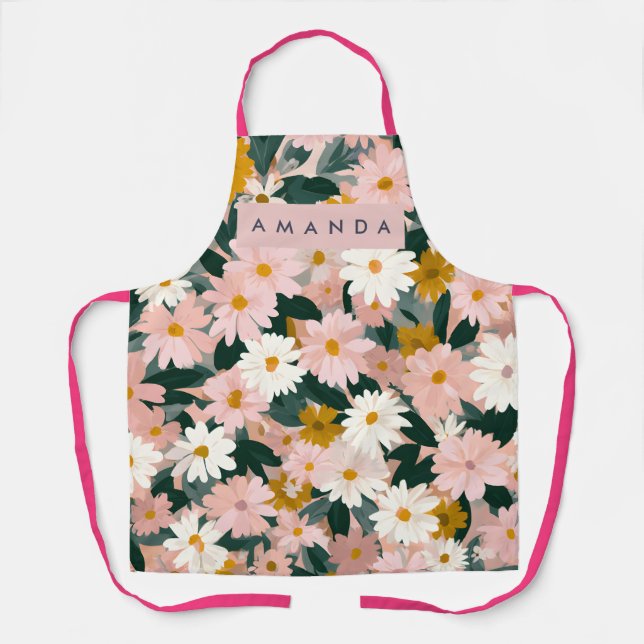 Personalized Charming Pink and White Daisy Flower Apron (Front)