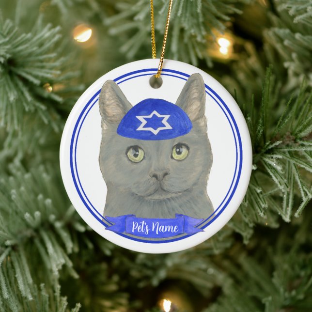 Personalized Chartreux Cat Yarmulke Blue White Ceramic Ornament (Tree)