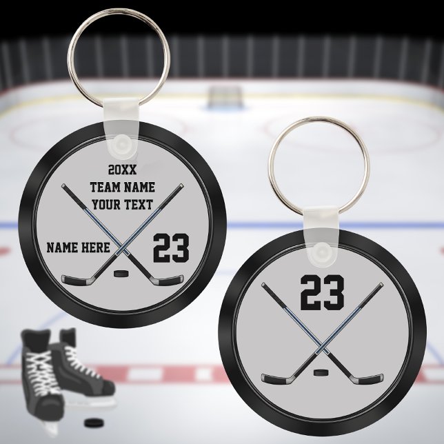 Personalized Cheap Hockey Gifts and Hockey Favors Keychain (Cheap Hockey Gifts for Players. Hockey Party Favors. Hockey Team Gift Ideas. Black and Gray Hockey.)
