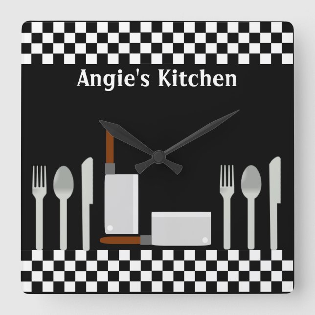 personalized Checkerboard Kitchen Utensils Clock (Front)