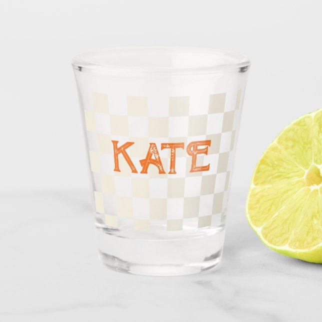 Personalized checkerboard party birthday gift shot glass (Front)