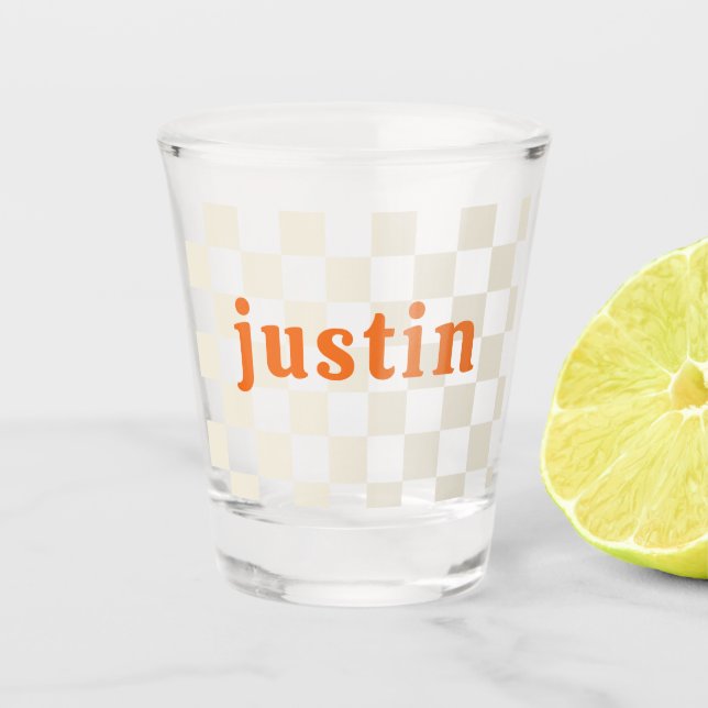 Personalized checkerboard party birthday gift shot glass (Front)