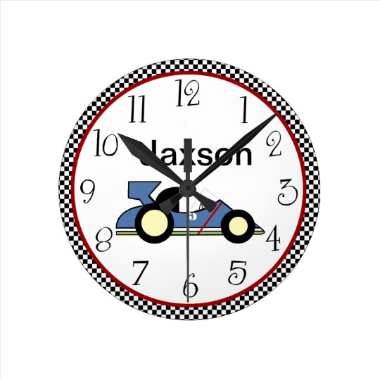 Personalized checkerboard race car 2 clock zazzle