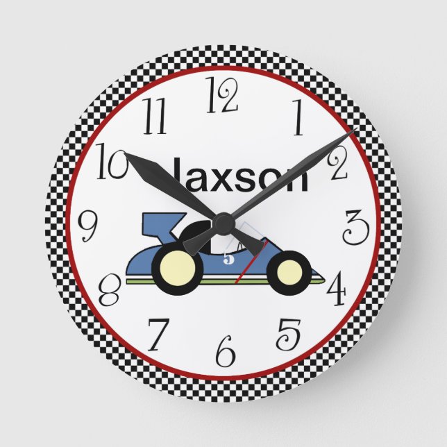 Personalized Checkerboard Race Car #2 Clock (Front)