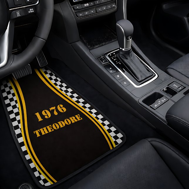 Personalized Checkerboard Yellow Stripe Year Name Car Floor Mat (Personalized Checkerboard Yellow Stripe Year Name Car Floor Mat)