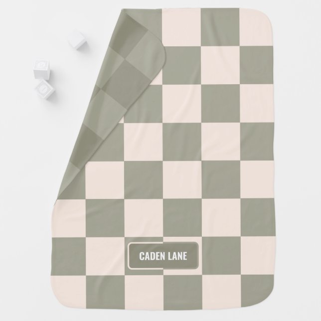 Personalized Checkered Army Sage Pistachio Green Baby Blanket (In Situ)