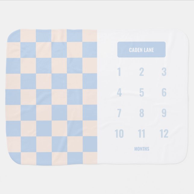 Personalized Checkered Baby Blue Milestone Baby Blanket (Horizontal)