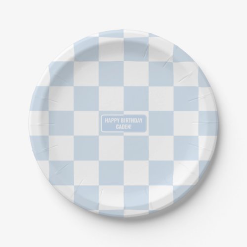 Personalized Checkered Baby Blue Shades Paper Plates