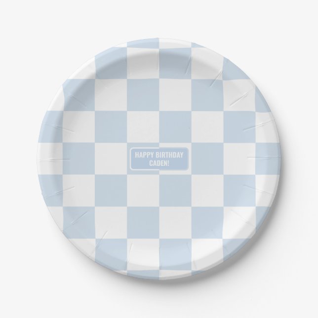 Personalized Checkered Baby Blue Shades Paper Plates (Front)