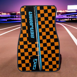 Personalized Checkered Black/Orange Racing Colors Car Floor Mat