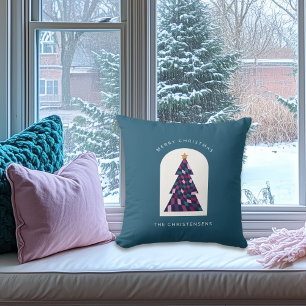 Personalized Checkered Christmas Tree  Throw Pillow