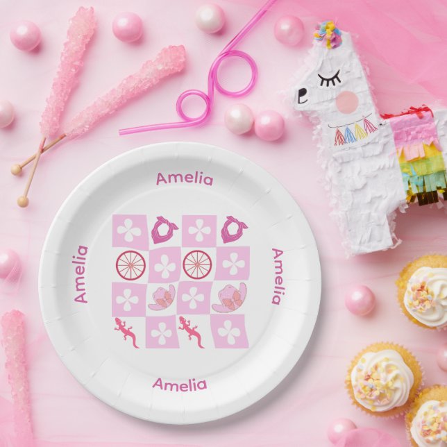 Personalized Checkered Cowgirl Pattern Paper Plates (Party)