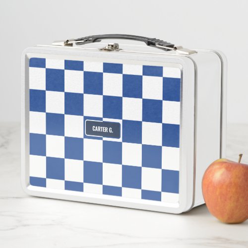 Personalized Checkered Fiesta Royal Blue Metal Lunch Box