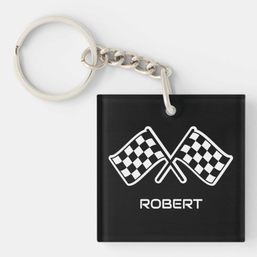Personalized Checkered Flag Custom Name Black Keychain