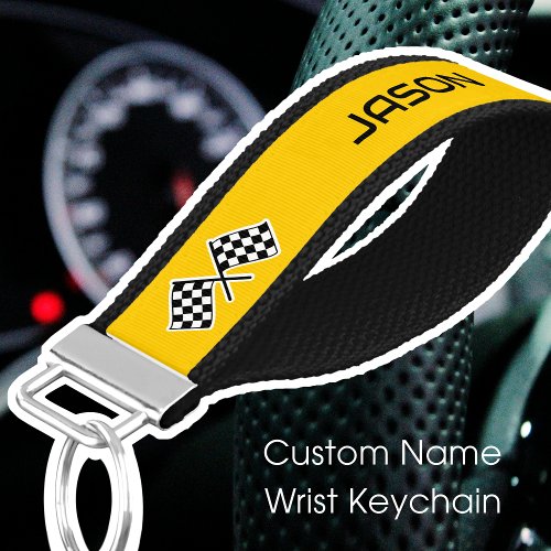 Personalized Checkered Flag Custom Name Yellow Wrist Keychain