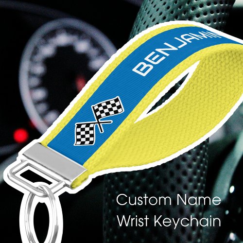 Personalized Checkered Flag Name Blue Yellow Wrist Keychain