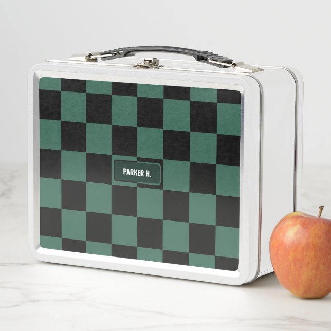 Personalized Checkered Green & Black Metal Lunch Box (In Situ)