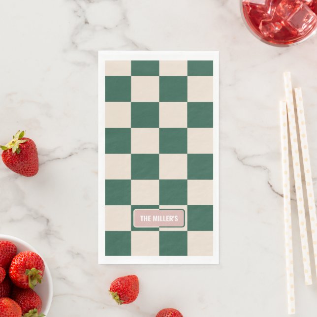 Personalized Checkered Green & Pink Paper Guest Towels (Insitu)