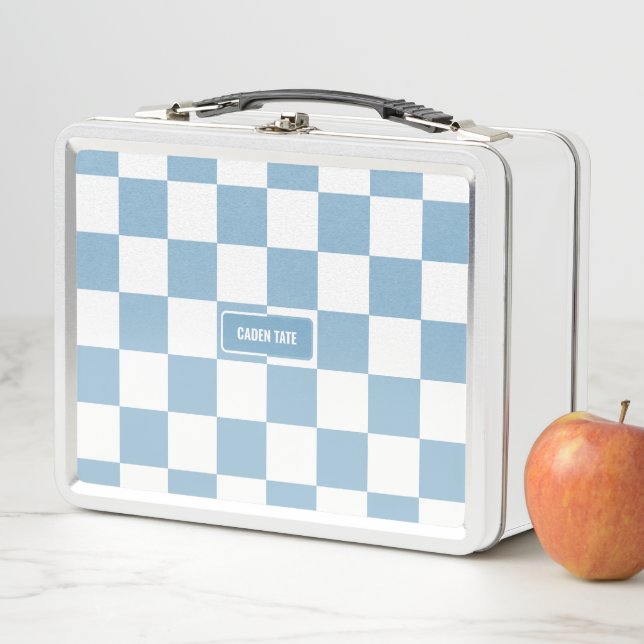 Personalized Checkered Iris Baby Blue Metal Lunch Box (In Situ)
