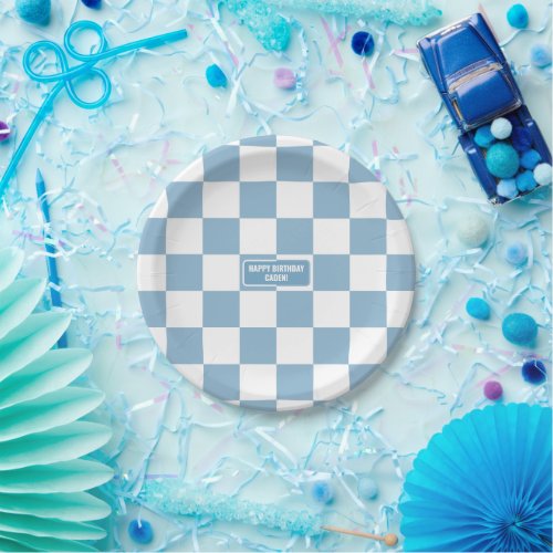 Personalized Checkered Iris Baby Blue Paper Plates