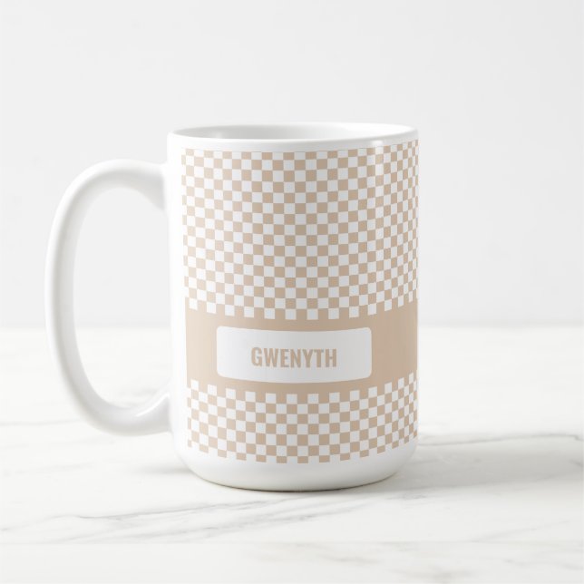 Personalized Checkered LIght Neutral Coffee Mug (Left)