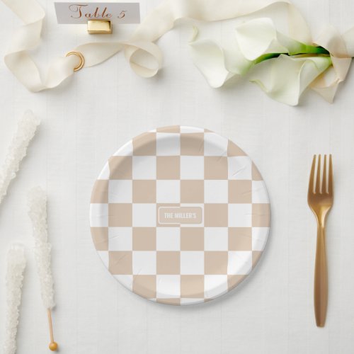 Personalized Checkered Light Neutral Paper Plates