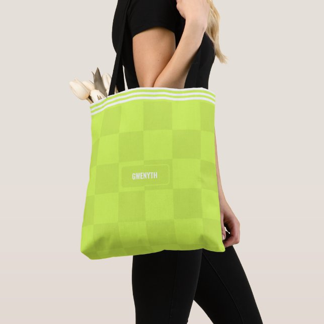 Personalized Checkered Neon Lime Green Highlighter Tote Bag (Close Up)