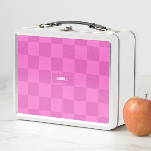 Personalized Checkered Neon Pink Highlighter Metal Lunch Box