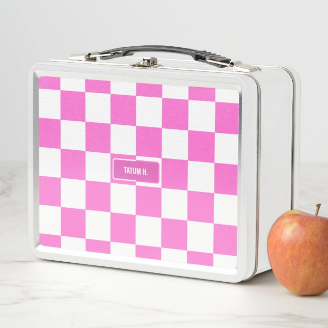 Personalized Checkered Neon Pink Highlighter Metal Lunch Box (In Situ)