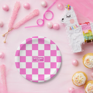 Personalized Checkered Neon Pink Highlighter Paper Plates