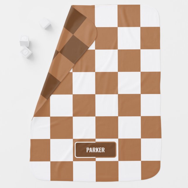 Personalized Checkered Neutral Cognac Camel Baby Blanket (In Situ)