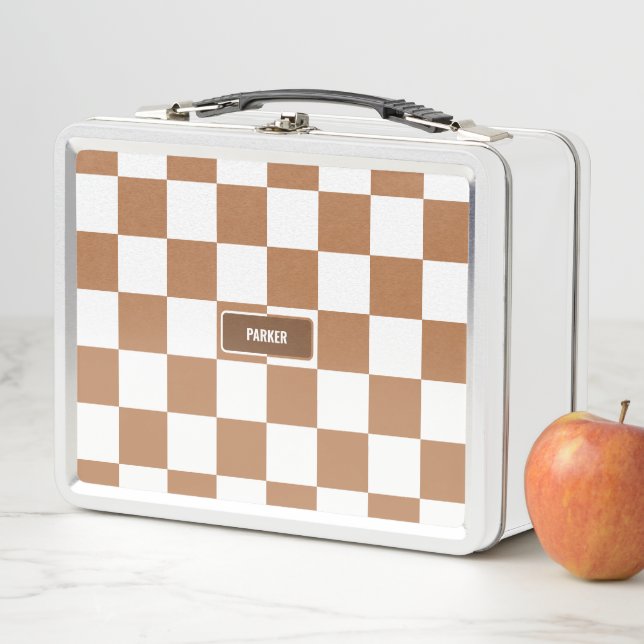 Personalized Checkered Neutral Cognac Camel Metal Lunch Box (In Situ)