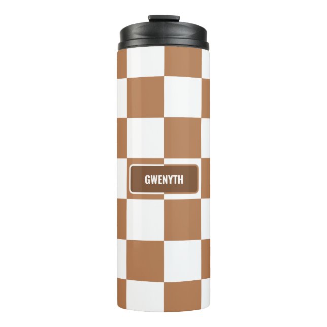 Personalized Checkered Neutral Cognac Camel Thermal Tumbler (Front)