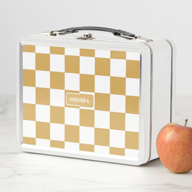 Personalized Checkered Neutral Gold Dust Yellow Metal Lunch Box (In Situ)