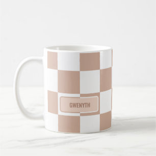 Personalized Checkered Neutral Rose Blush Pink Coffee Mug