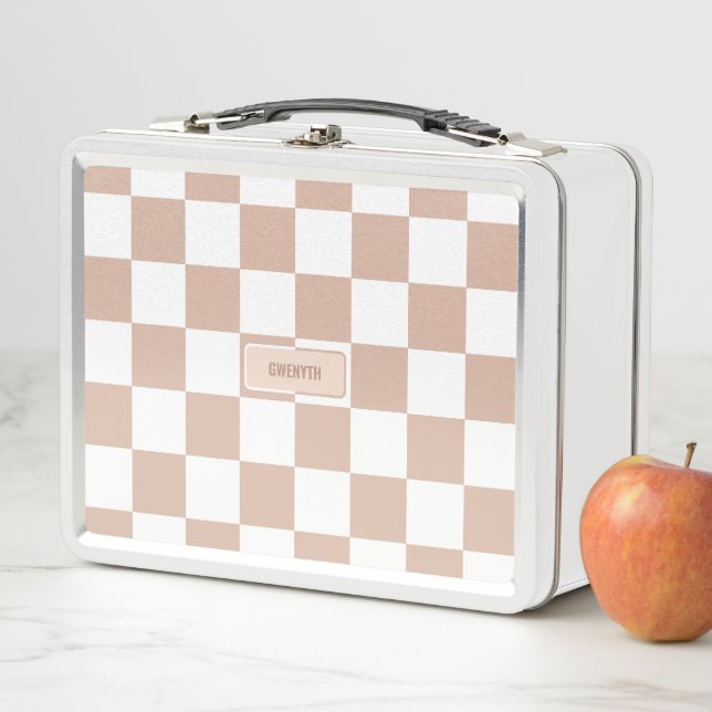 Personalized Checkered Neutral Rose Blush Pink Met Metal Lunch Box (In Situ)